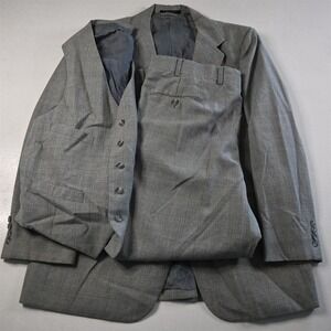 Vtg 3 Piece 44R 38x29 Blue Glenn Check Vest Mens Jacket Pants Suit